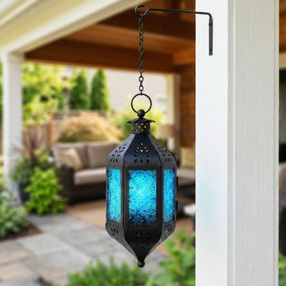 Vela Lanterns Hanging Moroccan Lamp - Exotic Decorative Patio & Porch Decor, Indoor Outdoor Tea Light Candle Lantern Holder with Chain (11" Medium, Blue Glass)