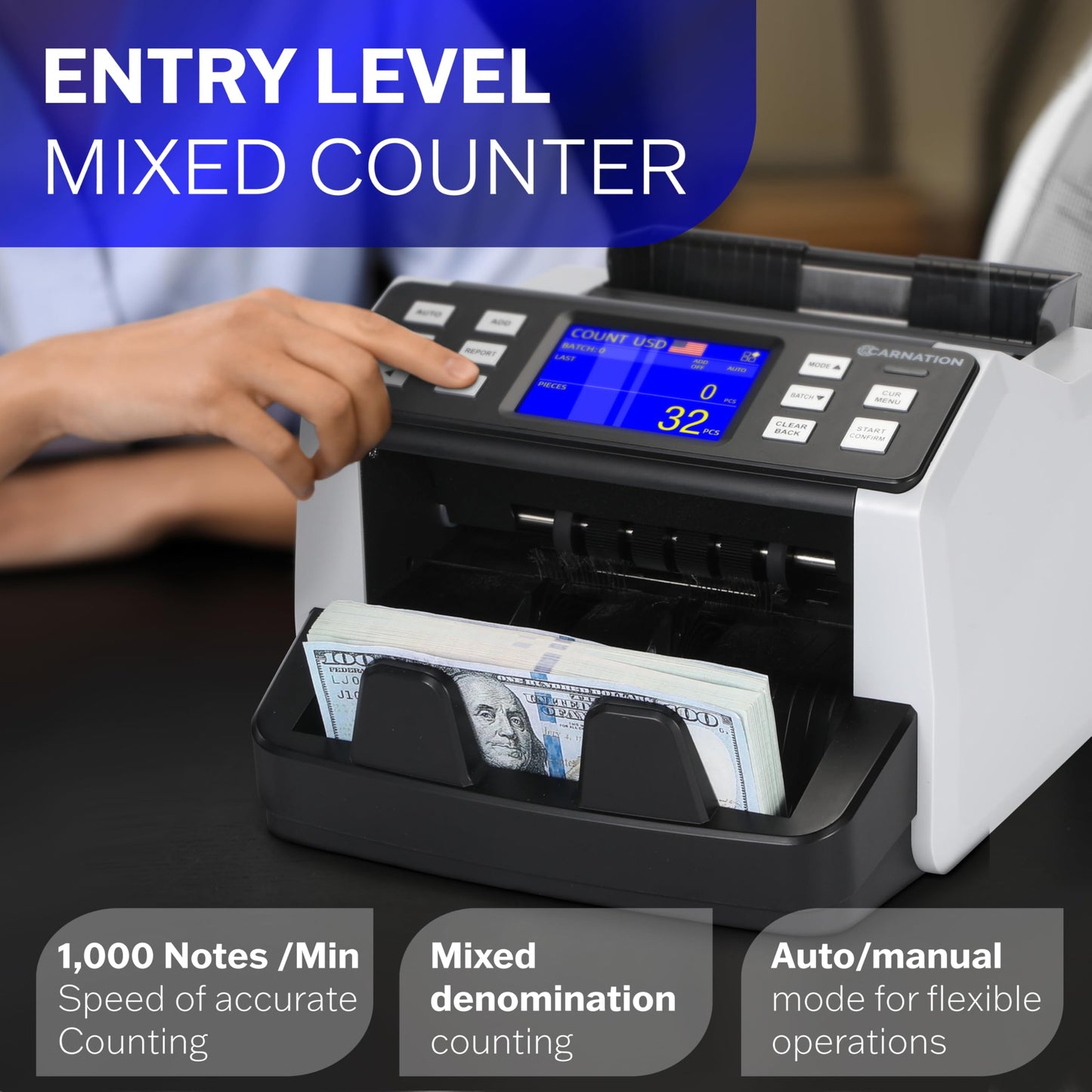 CARNATION Money Counter Machine – Cash Counting & Mixed Denomination Bill Counter, Portable Currency Detector, Counterfeit Bank Scanner, Dollar Sorter for Commercial, up to 1200 N/M, UV/MG/MT/IR/CIS