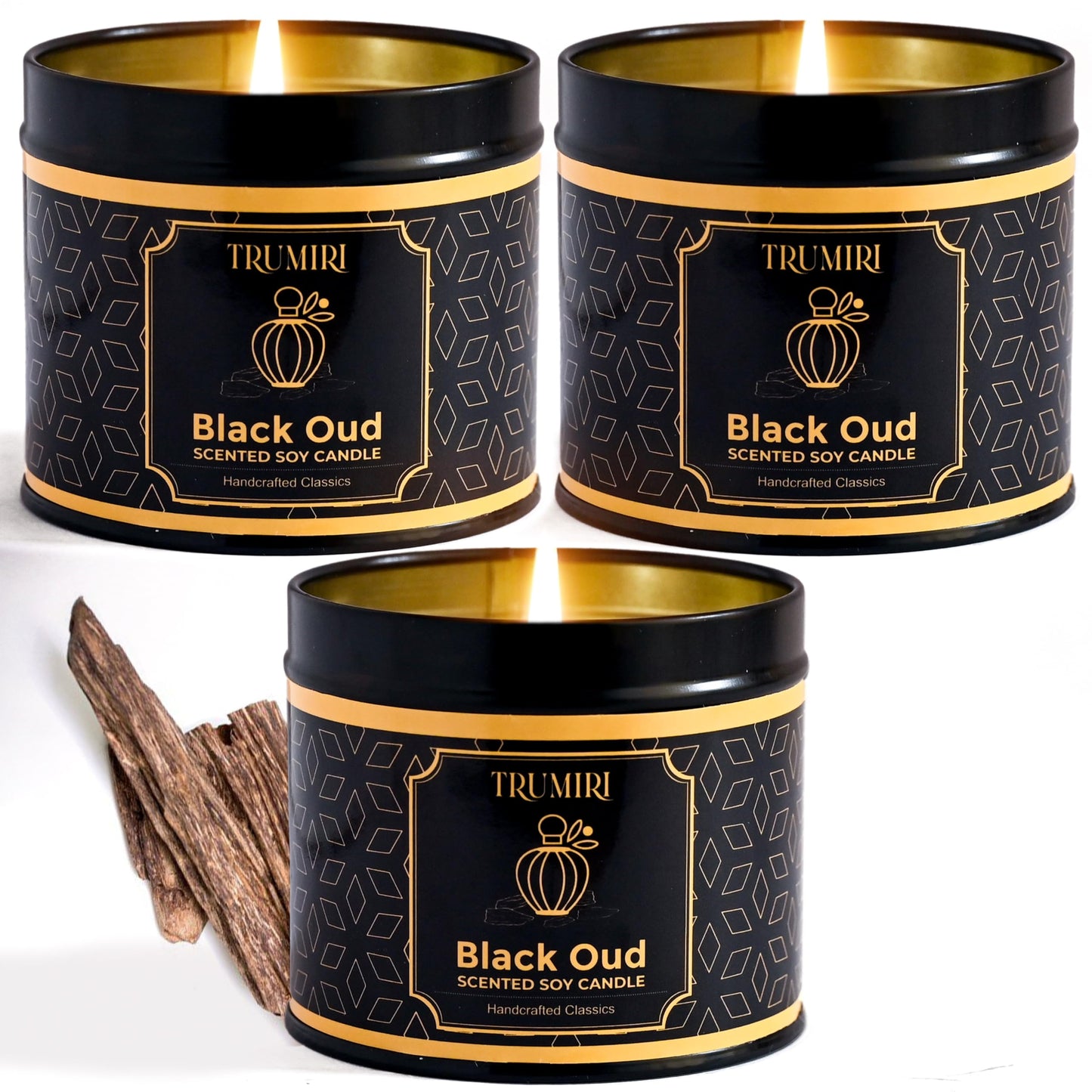 Black Oud Candle Highly Scented Soy Candel Natural Non Toxic Velas Aromáticas Gift for Men 5Oz Decorative Tin Jars with Lids Pack of 3