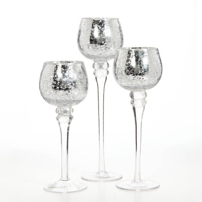 Hosley Set of 3 Crackle Metallic Glass Tealight Holders 12 Inch, 10 Inch, 9 Inch Elegant Home Decor for Ambient Lighting and Stylish Centerpieces and Gift