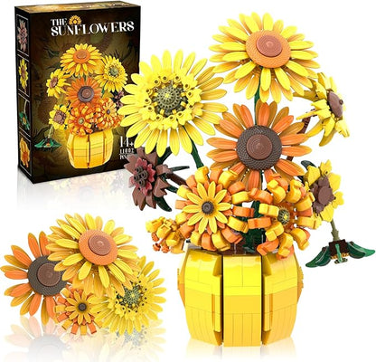 Flowers Building Sets for Adults Van Gogh Prints Art Botanical Collection Sunflowers Pot Bouquet Plants Kits Compatible with Lego Flowers Easter Flores Home Decor for Woman Girls 14+