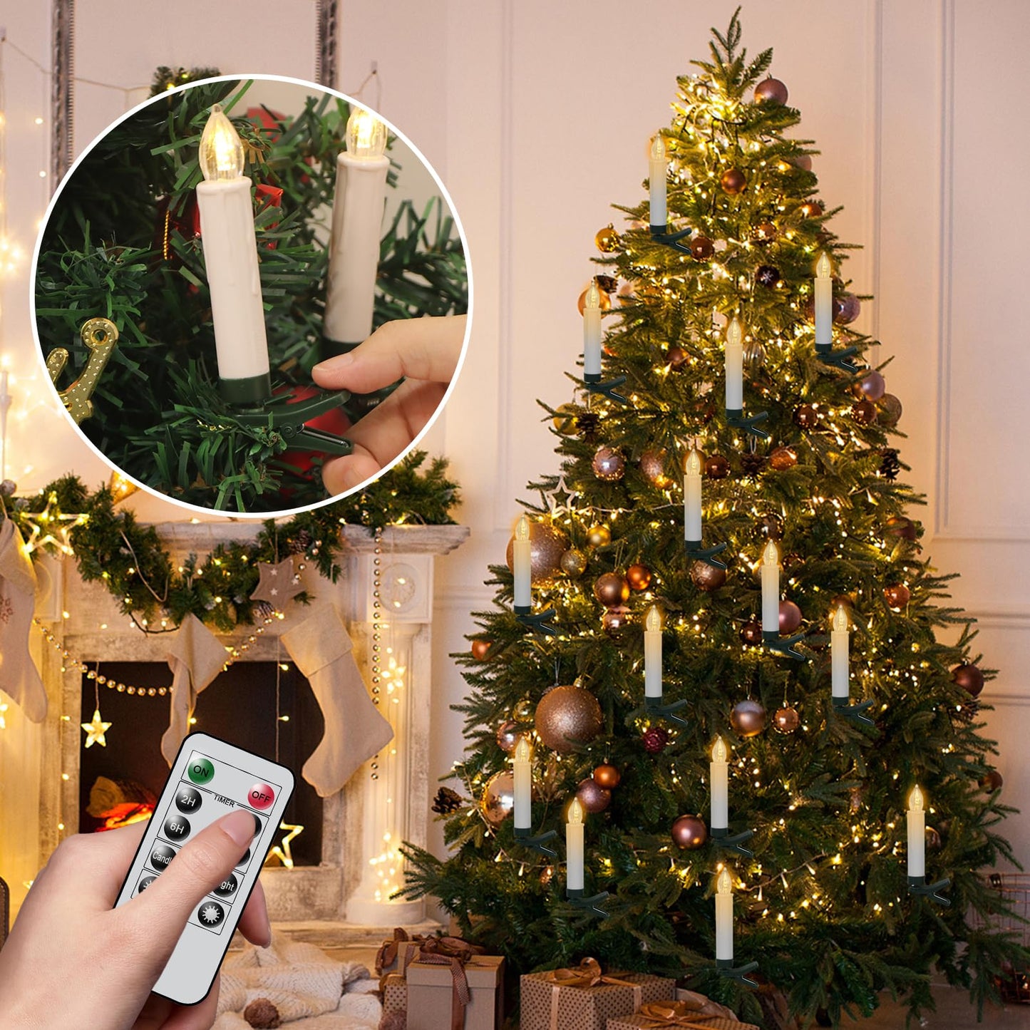 DRomance Christmas Tree Flameless Taper Candle Lights Battery Operated with 10-Key Remote and Timer, 30 Pack Plastic 3D Wick Flickering LED Taper Candles Multi-Using Home Garden Holiday Decor 3.4"