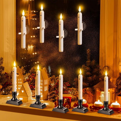 Yungyan 12 Set 8.8 Inch Christmas Window Candles with Sensor Dusk to Dawn Bulk Battery Operated Window Lights with Suction Cups and Holders Flameless LED Taper Candles for Xmas Home Decor(Roman Style)