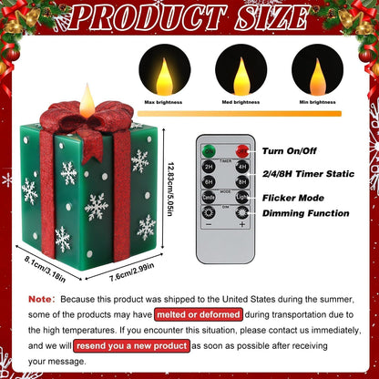 LCZLUMIPRO Elegant Gift Box Flameless Candle with Remote Timer - Green Hand-Painted Real Wax LED Candle, Battery Operated for Christmas, Home, Party Decor