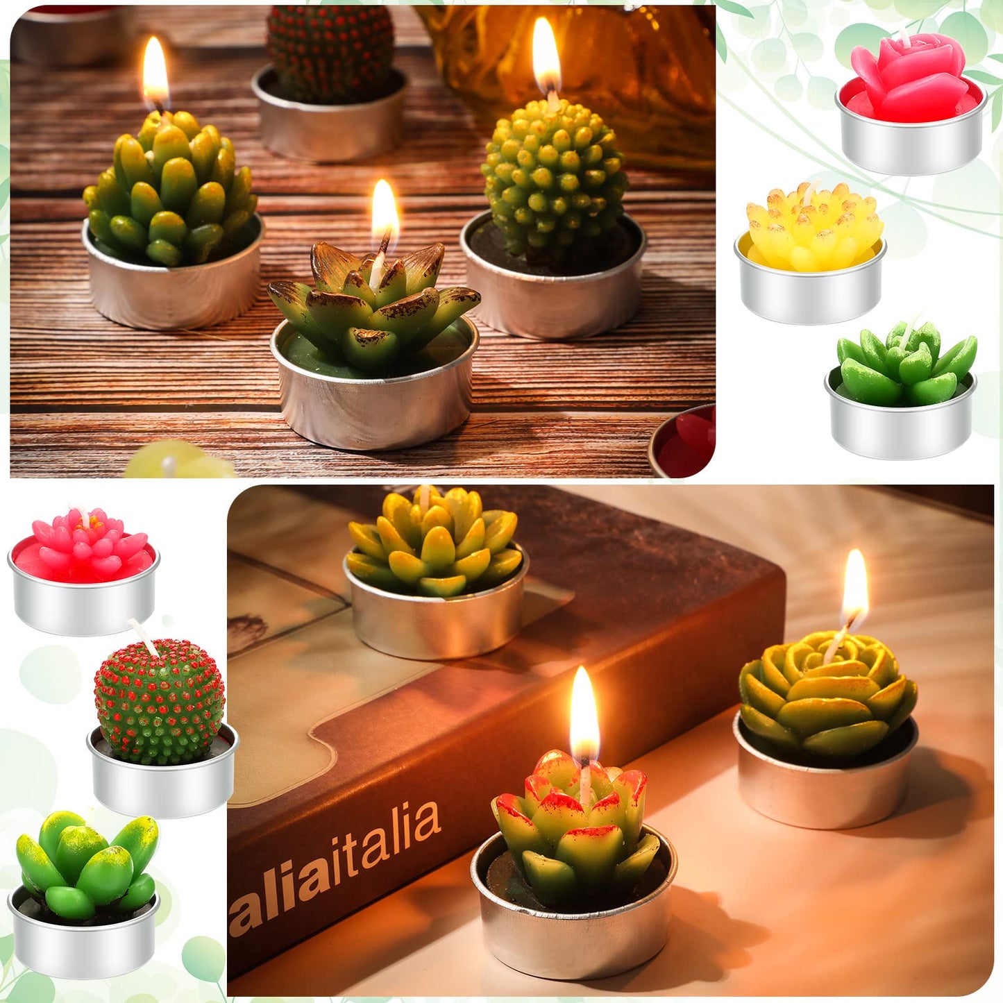 Shihanee 48 Pcs Succulent Cactus Tealights 24 Styles Handmade Mini Plant Tealight Candles Bulk Unscented Smokeless for Wedding Spa Graduation Baby Shower Housewarming Gifts Mexican Party Favors