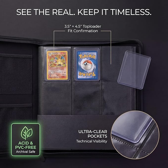 Toploader Binder 9 Pocket Holds 360 Toploaders - Collector Kit Gloves Tweezers &amp Gift Box - Holder for 3x4 Top Loaders - Mesh Pocket for Top loader Zippered Storage Album TCG &amp Sports Cards