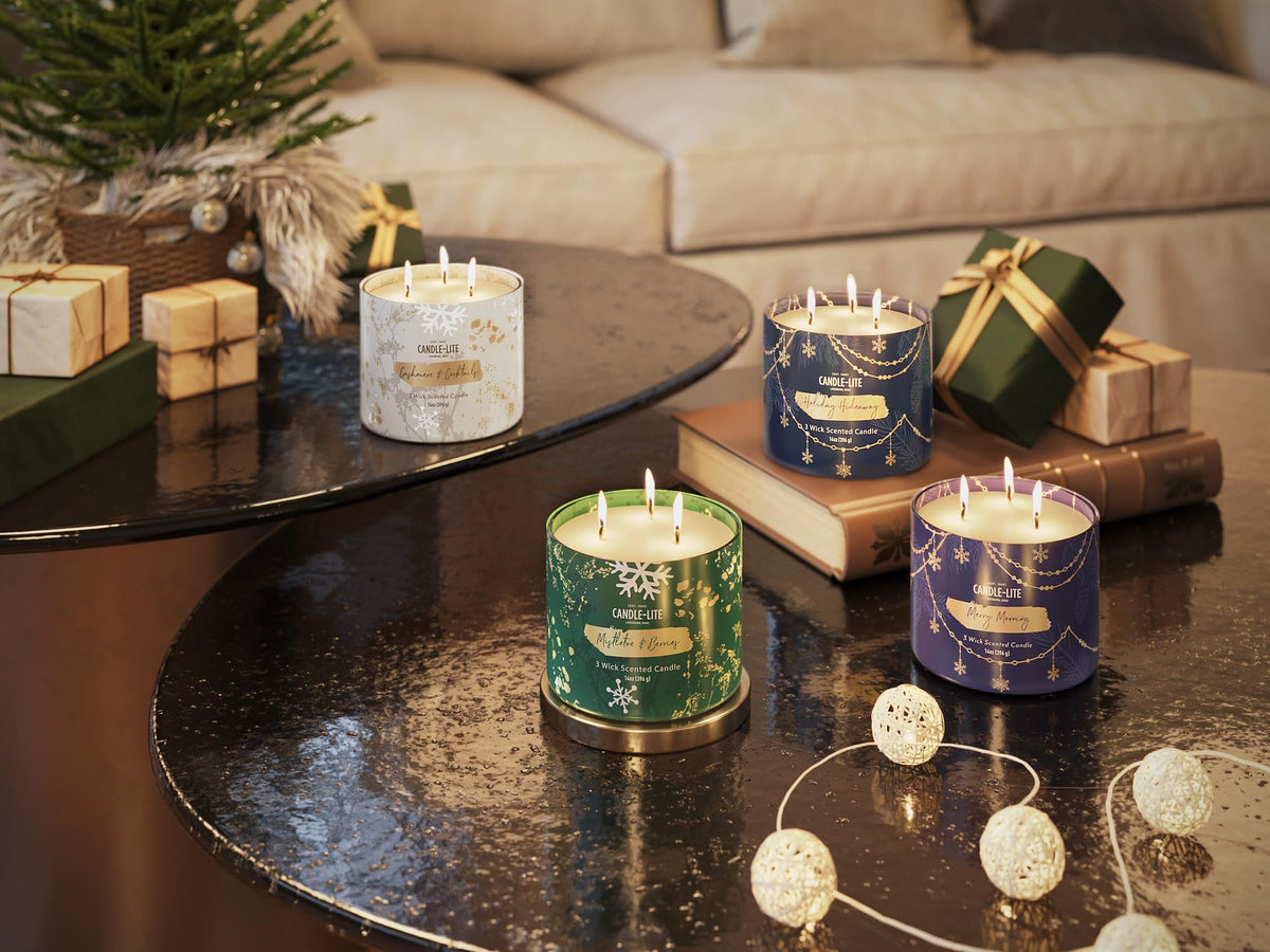 Candle-lite Scented Candles, Holiday Hideaway Scent, 14 oz 3-Wick Jar Candle, Proudly Poured in USA, Christmas Home Decor Candle, 45 Hours of Burn Time, Ideal Gift for Men and Women