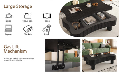 Zurnes Lift Top Coffee Table with Storage, 42" Accent Table for Living Room, Fluted Panel Hidden Storage, Silent Hydraulic Lift, Curved Corners, Easy Assembly, Black