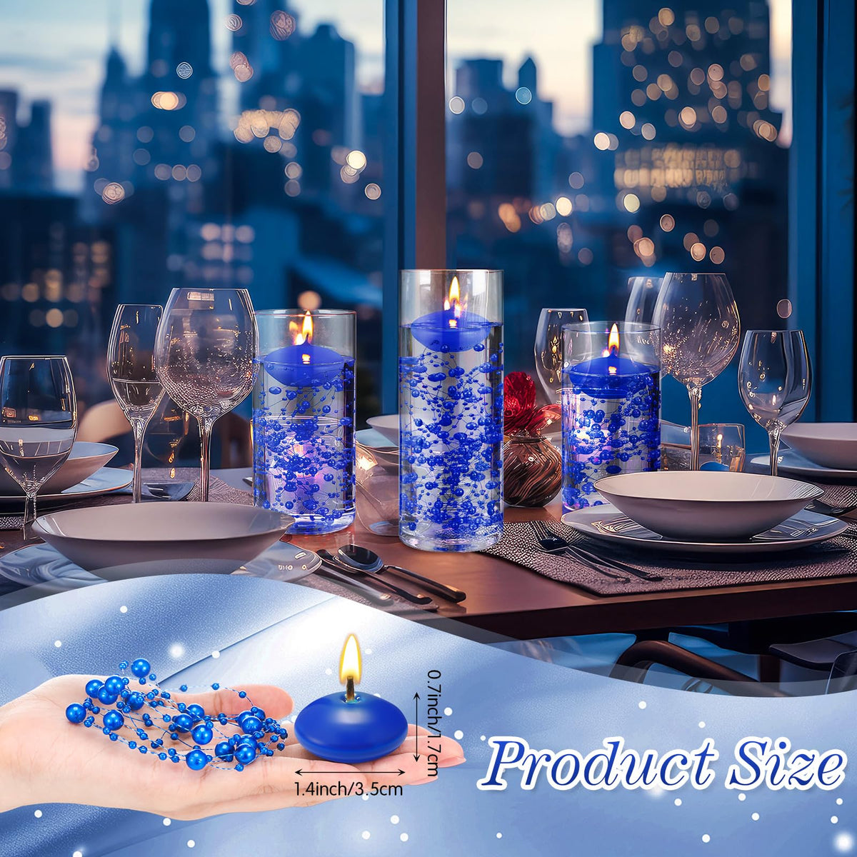 Fumete 40 Pcs Blue Floating Candles Pearl Strings for Centerpieces Small Unscented Floating Candles Vase Fillers Table Decoration for Meditation, Spa, Swimming Pool Party, Wedding Dining Table Decor