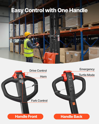 VEVOR Full Electric Pallet Stacker, 3300 lbs Capacity, 98.4'' Lifting Height, Pallet Lift Stacker Forklift with Straddle Legs & Forks, 8.66-31.1 Inches Adjustable Fork Width, Orange & Black