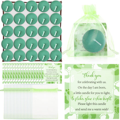 50 Sets Baby Shower Party Favors Including 50 Pcs Unscented Tealight Baby Shower Candles Gift Bags Cards for Gender Reveal Party Supplies(Green)