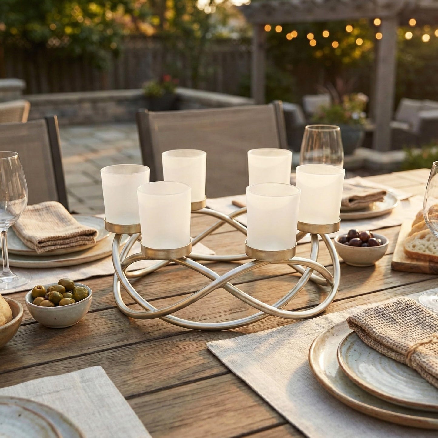 Seraphic Centerpieces for Table Decorations - Round Candle Holders for Outdoor Patio, Dining, Kitchen, Coffee & Wedding Table Decor, Gold Iron Candelabra, 6 Frosted Glass Votive Tealight Cups