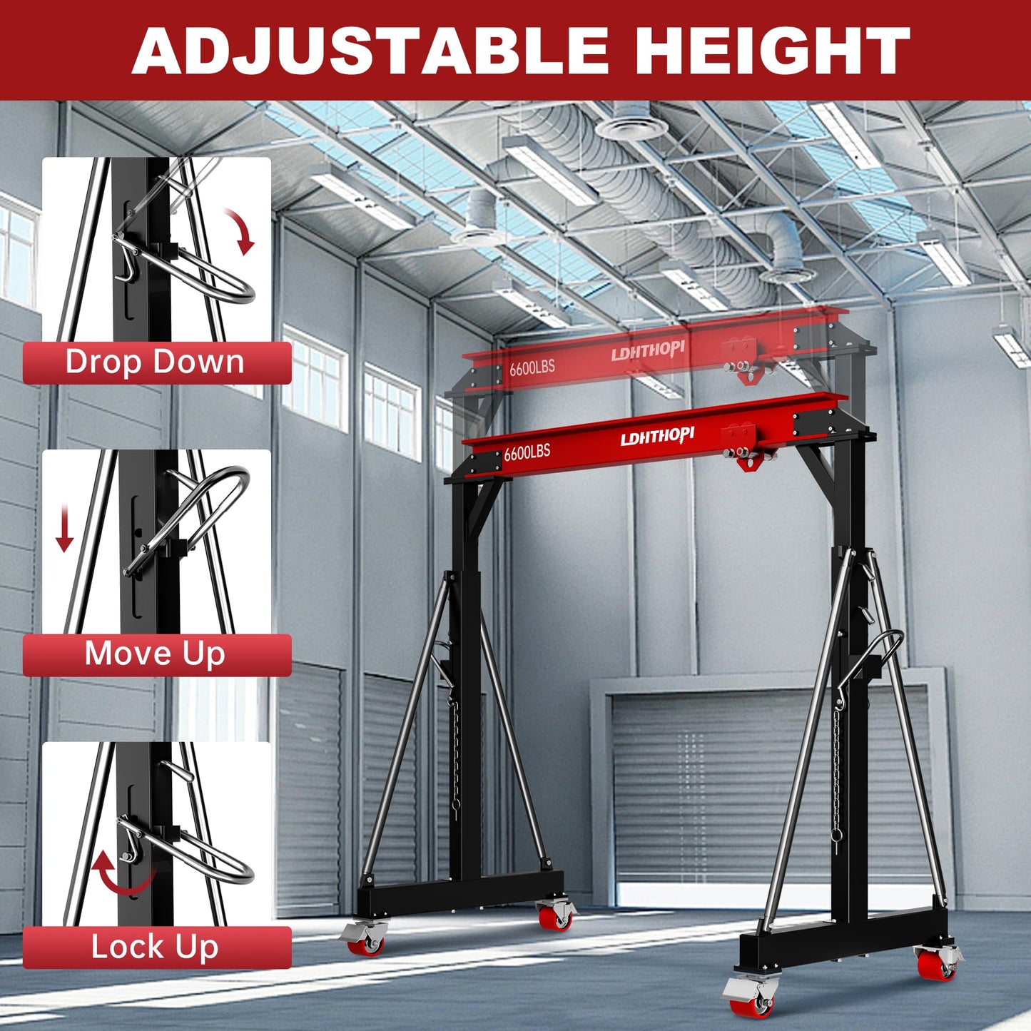 LDHTHOPI 3 Ton Gantry Crane, 6600LBS Adjustable Gantry Crane with 8.53-12.47ft Height, Shop Lift Hoist with Manual Trolley, Hook & Shackles for Warehouse, Factory,Auto Repair & Construction, Red