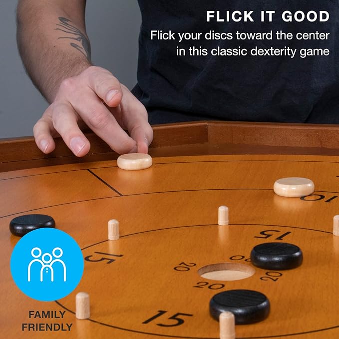 Tournament Crokinole &amp Checkers | Classic Dexterity Board Game for Two Players | 24 Black &amp White Discs &amp Game Board | 30 Inch