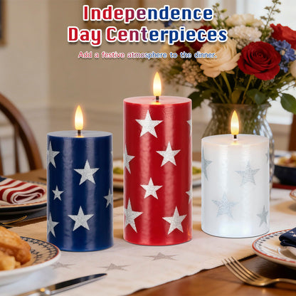 4th of July Flameless Pillar Candles with Remote, 250th Anniversary Patriotic Red White and Blue Battery Operated Candle with Star Sticker, Independence Day Decorations for Home Party Table Fireplace