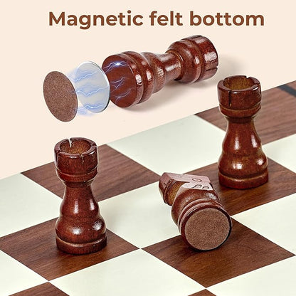 MerryPony 2 in 1 Wooden Chess and Checkers Set Magnetic – 15 inch Folding Board Game with Strong Magnetic Chess Pieces with 2 Extra Queens Portable Travel Beginner Chess Game Set for Adults Family