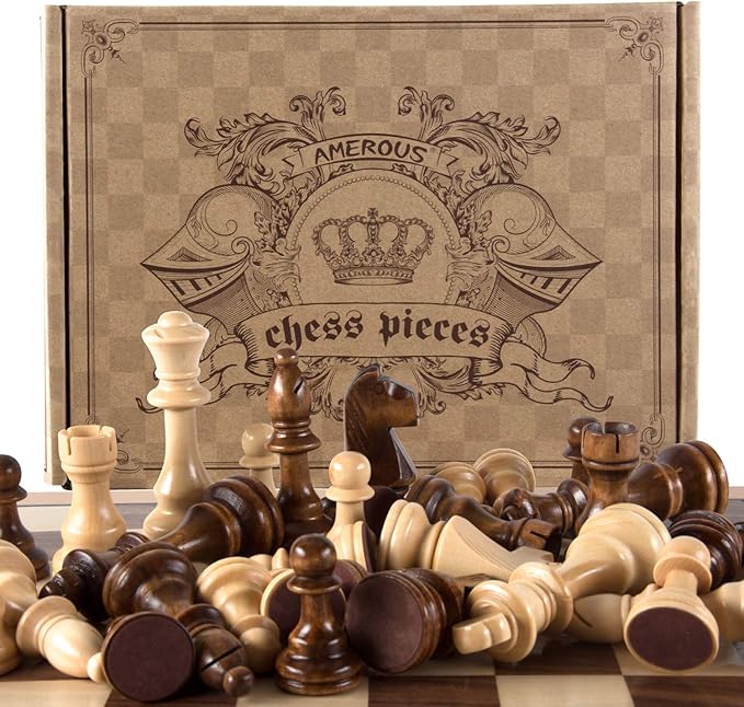 AMEROUS Chess Pieces Only Wooden Hand Carved Tournament Chessmen with 4.12 Inches King 2 Storage Bags for Chess Board Game Replacement of Missing Pieces