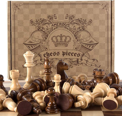 AMEROUS Chess Pieces Only Wooden Hand Carved Tournament Chessmen with 4.12 Inches King 2 Storage Bags for Chess Board Game Replacement of Missing Pieces