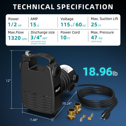 Bywter 115V Cast Iron Transfer Pump, 1/2HP Heavy Duty Transfer Water Pump, 1320 GPH Portable Utility Pump with Brass Connectors, for Irrigation, High-Pressure Cleaning, and Draining