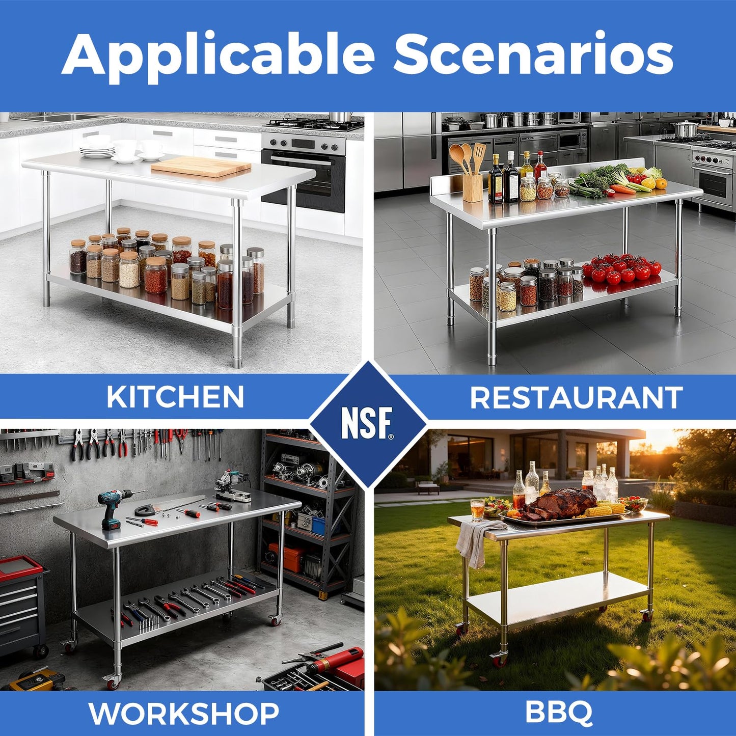 OSTBA Stainless Steel Table for Prep & Work 24x48 Inches with Backsplash, NSF Metal Commercial Heavy Duty Table with Adjustable Undershelf and Foot for Restaurant Kitchen Home and Hotel