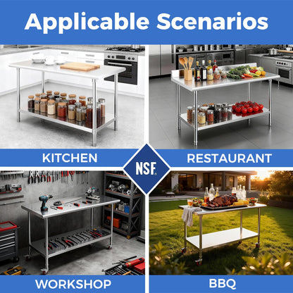OSTBA Stainless Steel Table for Prep & Work 24x48 Inches with Backsplash, NSF Metal Commercial Heavy Duty Table with Adjustable Undershelf and Foot for Restaurant Kitchen Home and Hotel