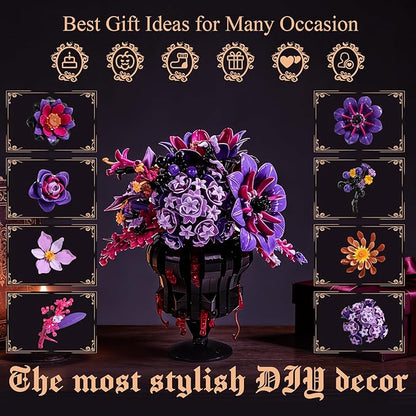 Flowers Bouquet Block SetElegant Purple Bouquet Building with Detailed Instructions for Parent-Child Bonding &amp Creative AchievementGift Idea with Purple Theme for Loved One or Gothic Decor Lover