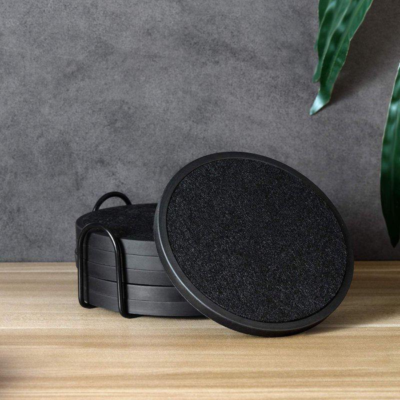 Absorbent Coasters for Drinks with Holder - 6packs, Silicone Coaster with Soft Felt Insert, Black (Coasters with Holder, Black)
