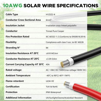 Vansdon 2x100FT Solar Wire 10AWG， Solar Panel Cable Tinned Copper PV Wire for Outdoor Camping RV Solar Panels Inverter Automotive Boat Marine