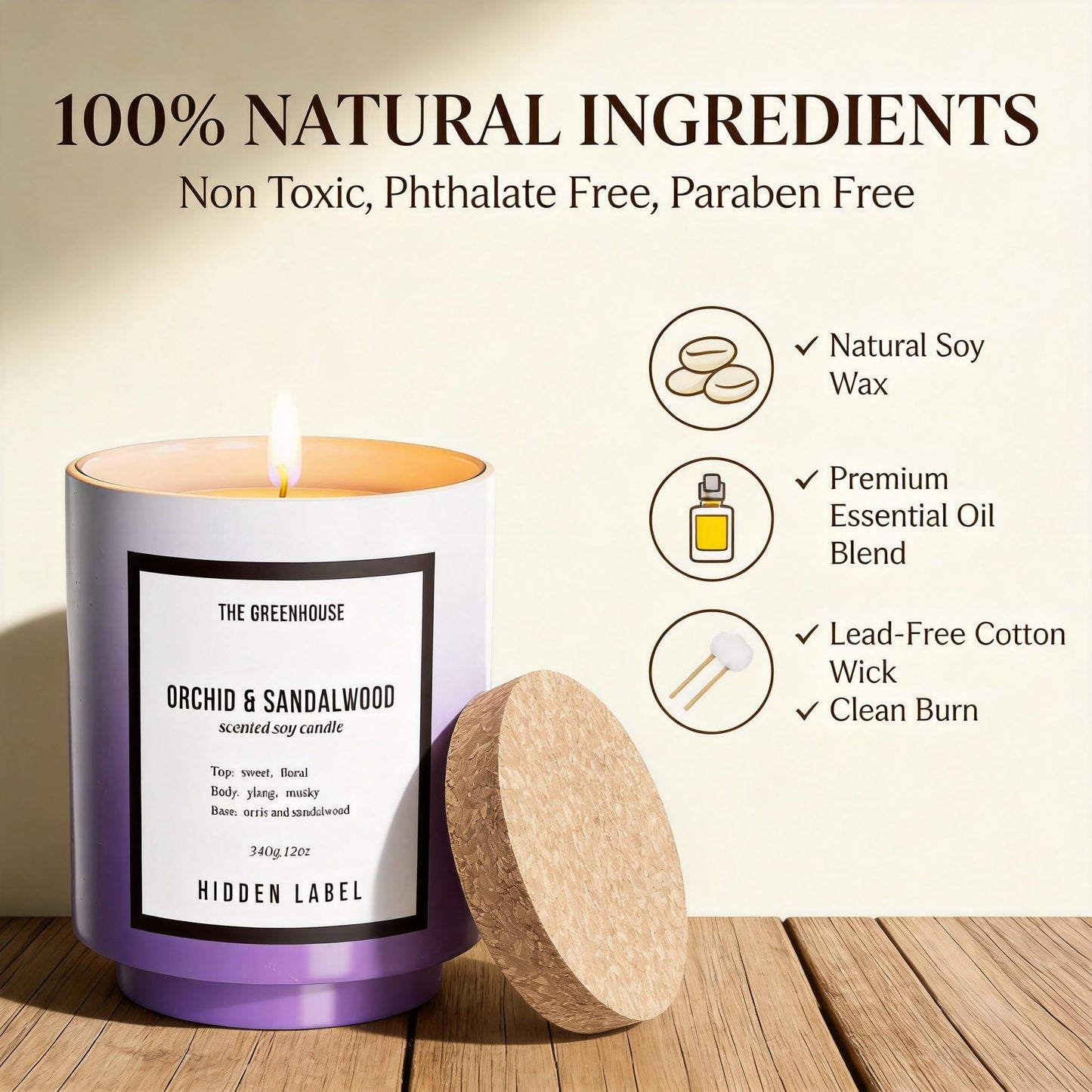 Hidden Label Orchid & Sandalwood Candle, 12oz Natural Soy Wax Non Toxic, 75H Long Lasting Aromatherapy Candle, Essential Oil Jar Candles for Home Scented, Pretty Stress Relief Meditation Gift for Her