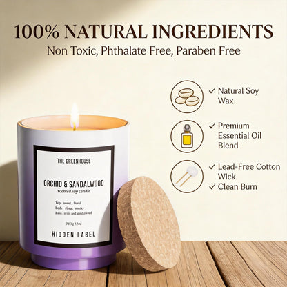 Hidden Label Orchid & Sandalwood Candle, 12oz Natural Soy Wax Non Toxic, 75H Long Lasting Aromatherapy Candle, Essential Oil Jar Candles for Home Scented, Pretty Stress Relief Meditation Gift for Her