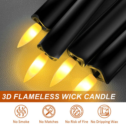 Sunjas 6PCS Flameless Taper Candles with 3D Flickering Flame Battery Operated Candles with 2 Remote with Button Cell Battery 10 Inch Black LED Candlesticks Window Candle for Christmas Home Decor