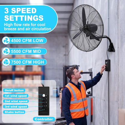 Aurelema 1 Set 27 Inch Industrial Wall Mount Fan Oscillating Heavy Duty Metal 3 Speed Fan, 7500 CFM, with High Velocity Cooling, for Commercial Residential Garage Warehouse Workshops Factory