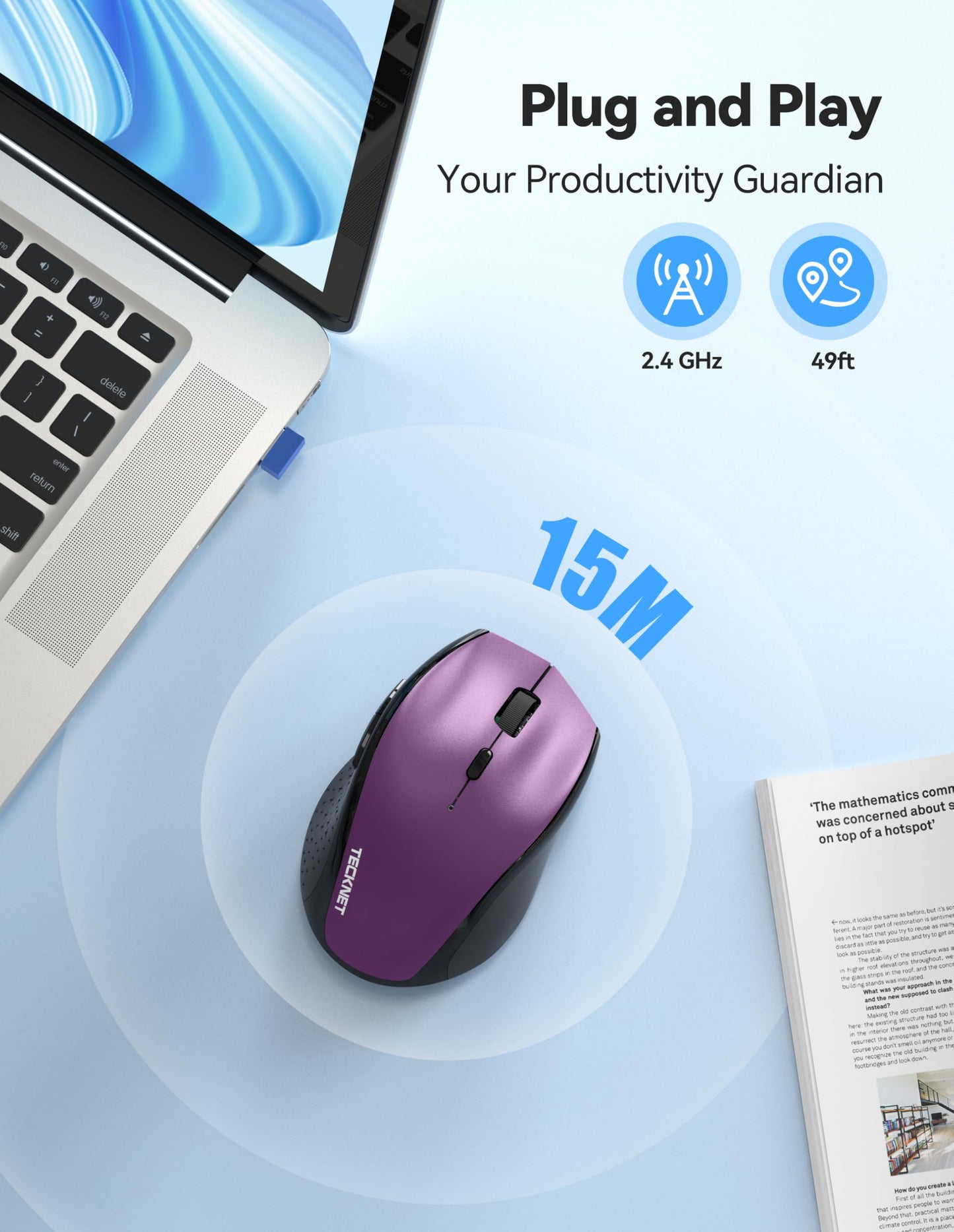 TECKNET Wireless Mouse Rechargeable,Mouse for Laptop Computer,2.4G USB Computer Mice Wireless,6 Button 6400 DPI Ergonomic Silent Mice,Portable Cordless Travel Mice-Wide Compatibility