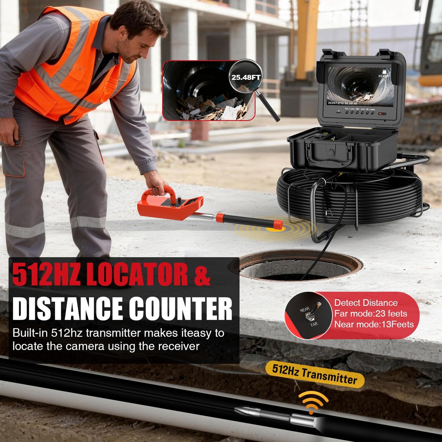 Self-Leveling Sewer Camera with 512Hz Locator, Distance Counter, 7mm Semi-Rigid Cable, 9 Inch 1080P IPS Screen, 23mm Waterproof Pipe Inspection Camera (200ft/60m)