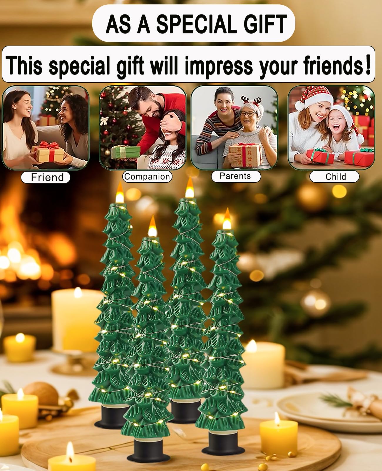 Fanzir Xmas Tree LED Flameless Taper Candles with Remote Control Timer 9.5‘’ Battery Operated Candle with String Lights 2Pcs for Christmas Gift or Special Festivals Decorations