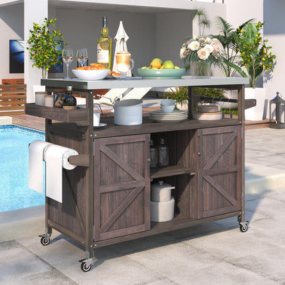 Trygoal Outdoor Grill Cart with Storage, Rolling Bar Cart and Lockable Wheels, Farmhouse Solid Wood Outdoor Grill Table with Stainless Steel Top, Spice Rack, Towel Rack for Kitchen and BBQ, Dark Brown