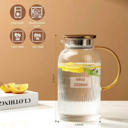 2 PACK Glass Pitcher with Lid and Handle,68 oz/ 2 Liter Vertical Stripes Water Pitcher,Glass Water Carafe for Fridge,Hand Blown Heat Resistant Borosilicate Water Jug for Hot/Cold Drinks