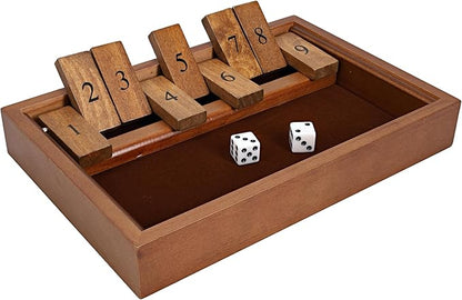 WE Games Shut The Box Game Wooden – 9 Number Flip Tiles with Dark Stained Wooden Box Perfect for Game Night Math Games Clackers Family Games Adult Dice Games Board Games for Adults 11 inches