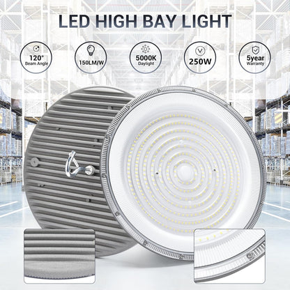XYCN 10 Pack 250W UFO Led High Bay Light,120VAC,5000K Daylight Commercial Bay Lighting,IP66 Waterproof,41050LM,1150W MH/HPS with Plug Area Light for Warehouse/Shop/Workshop/Barn/Gym/Factory