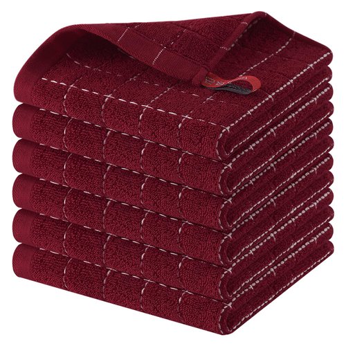 Homaxy 100% Cotton Terry Kitchen Towels(Burgundy Red, 13 x 28 inches), Checkered Designed, Soft and Super Absorbent Dish Towels, 6 Pack