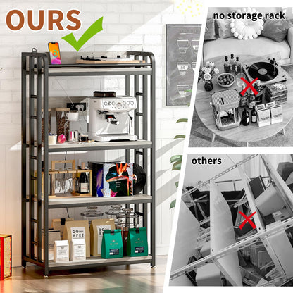 METYERRY Adjustable 4-Tier Heavy Duty Kitchen Baker's Rack with Power Outlet, with Industrial Wheels, Free Standing Microwave Oven Cart Stand for Storage in Living Room, Garage, Greige