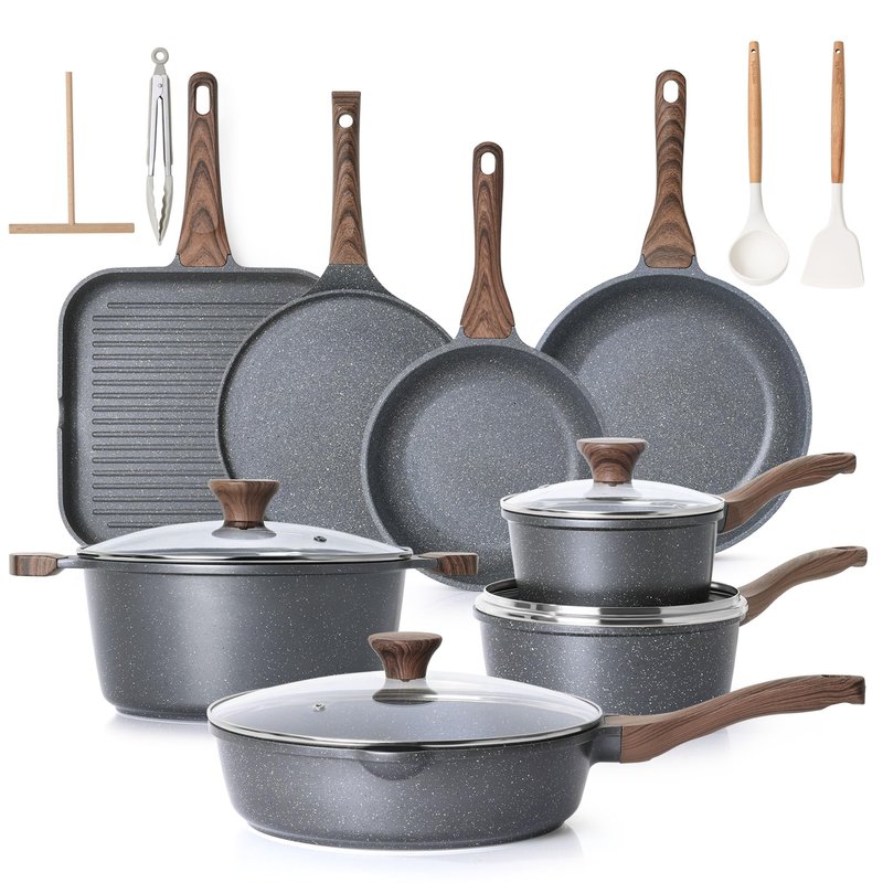 SENSARTE Nonstick Granite Cookware Set, 23 PCS Pots and Pans Non Toxic, PFOA & PFOS Free, Healthy Non Stick Granite Stone Coating Kitchen Cooking Set with Stay-Cool Handles, Gray