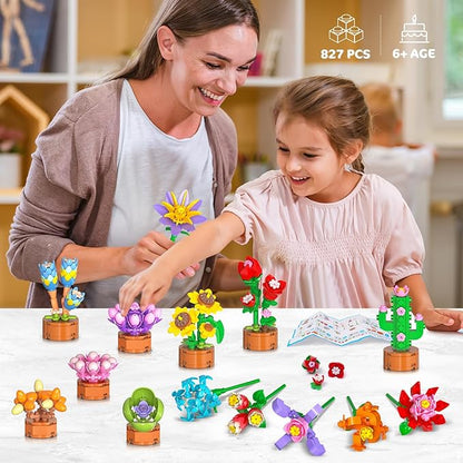 24 Pack Easter Basket Fillers Flowers Party Favors for Kids Building Set - 827PCS Botanicals Succulent 3.6MM Mini Building Blocks Toy for Goodie Bag Stuffer Classroom Prize Gift for Kids Girls Boys 6+