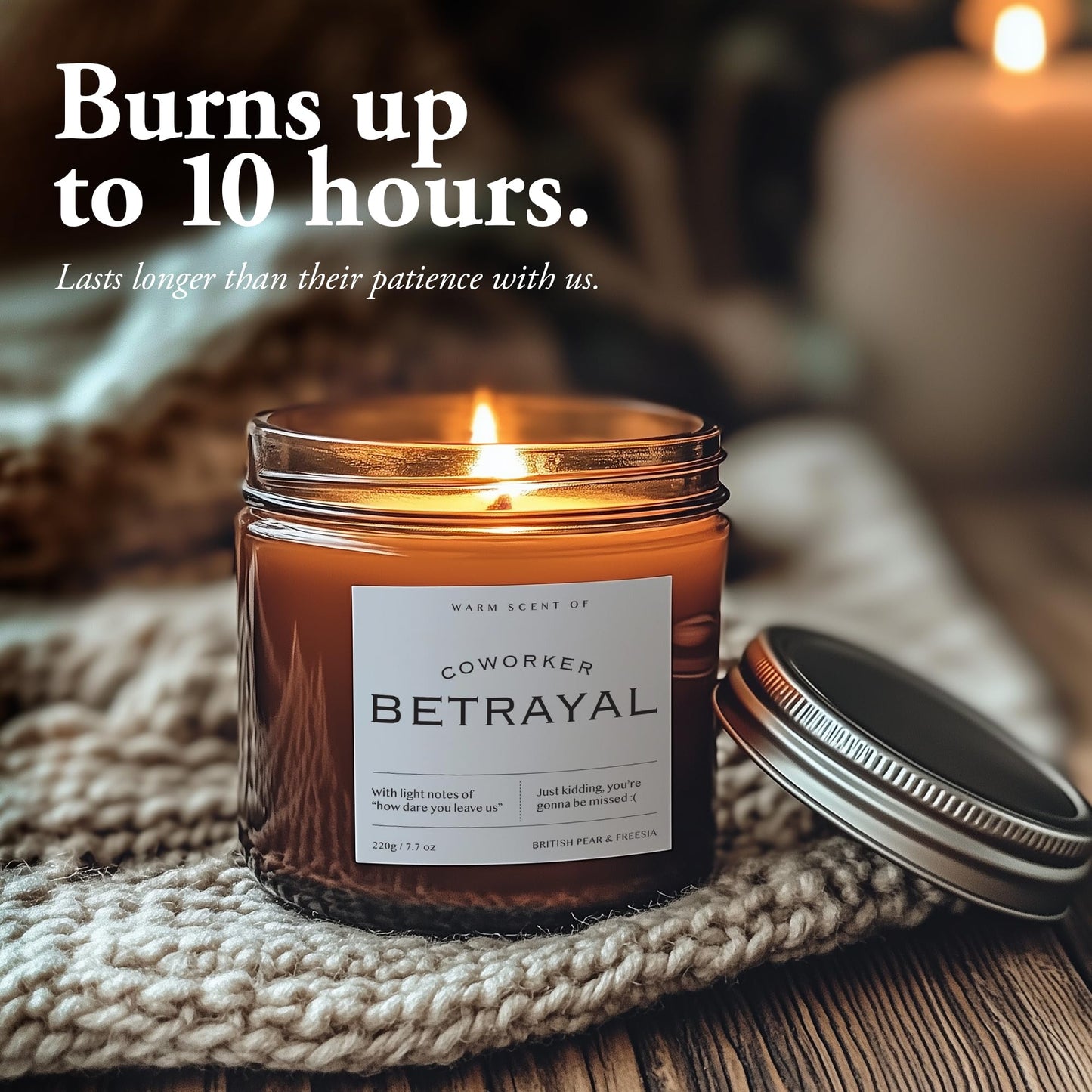7.7oz Funny Candles for Coworkers by SIKO - British Pear & Freesia - Natural Soy Wax, Non-Toxic, Long-Lasting Aromatherapy Candle with Gift Card - Coworker Leaving Gifts for Women & Men - (Betrayal)