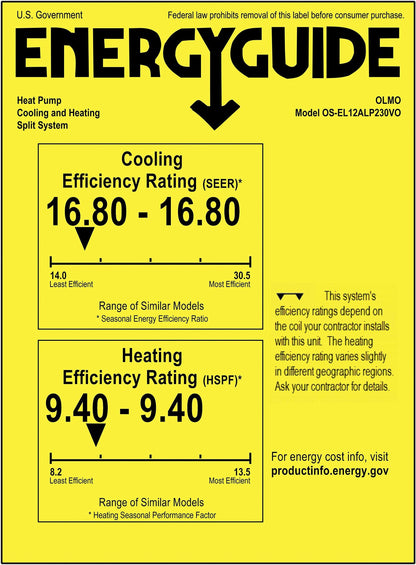 OLMO 12,000 BTU 230V Mini Split AC Heat Pump, Ductless Wall Mount - 20 SEER2 - Smart Kit & 16FT Installation Kit Included - Pre-Charged with R-32-1 Ton Inverter System