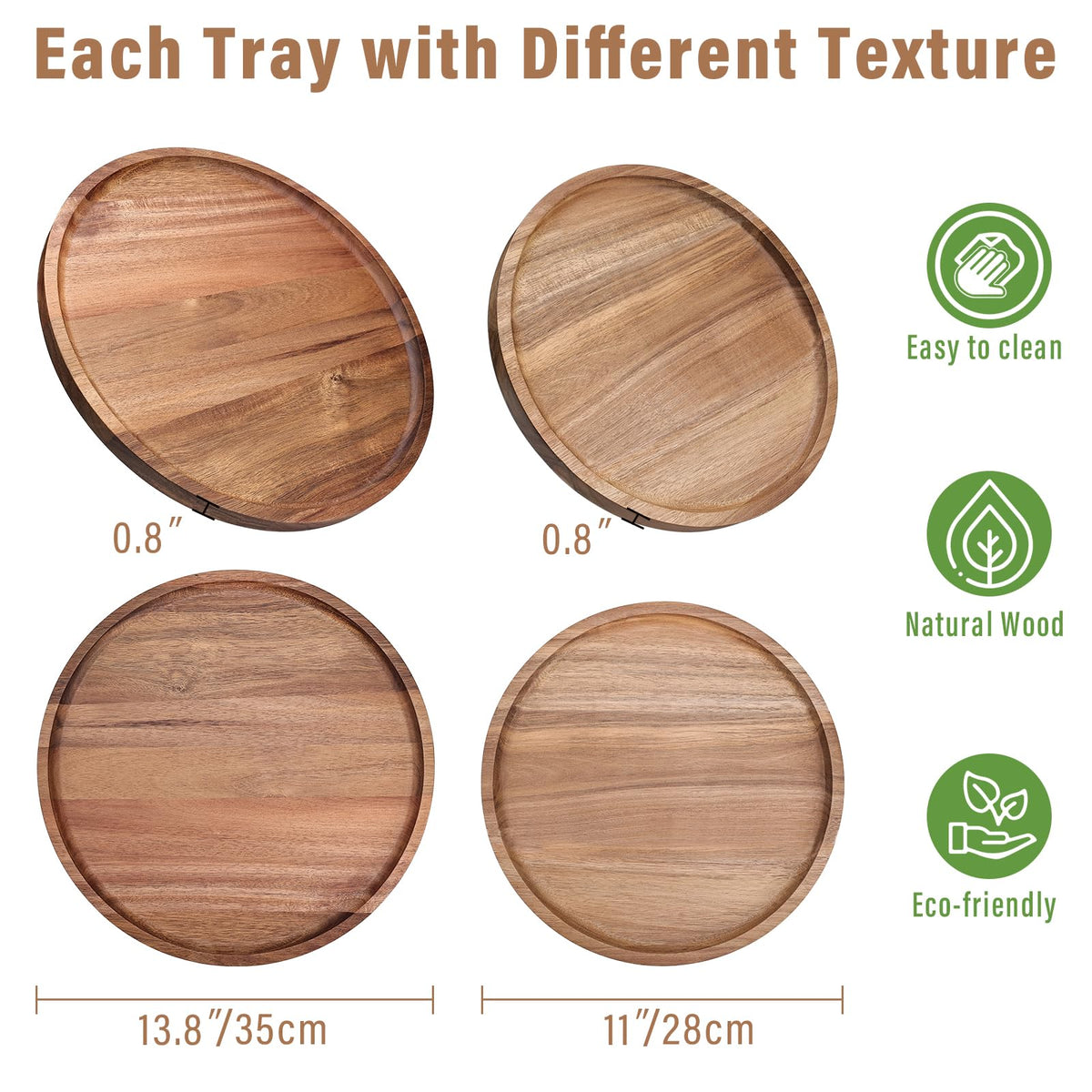 Round Wooden Serving Tray, 13.8 Inch Acacia Decorative Tray for Home Decor, Coffee Table, Farmhouse Style Wood Tray for Small Candle, Vases, Jewelry Organizer, Home Kitchen Dining Tabletop Decor