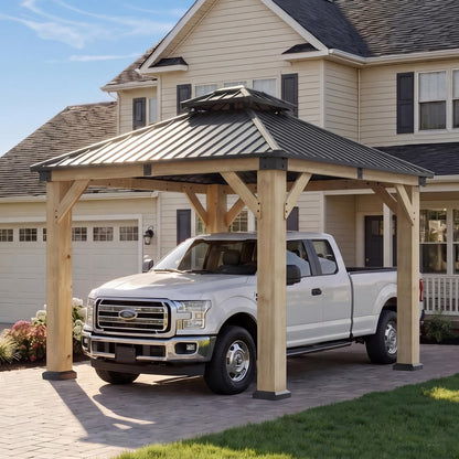 Aoxun 10' x 10' Outdoor Cedar Wood Hardtop Carport, Heavy Duty Gazebo with Double Galvanized Steel Roof, All-Weather Wind & Snow Resistant Permanent Pavilion for 2 Cars, Boat, Patio, Backyard