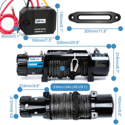 PROFLine Electric Winch 13000 lbs ATV Winch 12V with Synthetic Rope and Hook Truck Winch with Hawse Fairlead Remote Control for Towing UTV SUV Off Road Vehicle