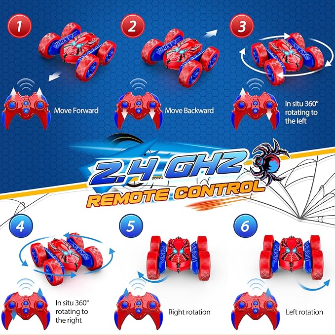 Spider RC Cars Remote Control Car Double Sided 360°Flip 4WD Rechargeable RC Drift CarToys for 3-12 Year Old BoysToys for Ages 5-7 Toys for Ages 8-13 Christmas Basket Stuffers (Red)