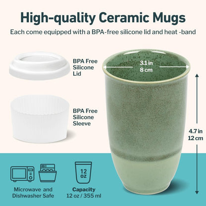 NOVA CERAMICS Travel Mug – Travel Coffee Tumbler – On the Go Coffee Mug – Microwave & Dishwasher Safe Green CoffeeTumbler - Gifts for Women Men Him Her – 12oz – Emerald